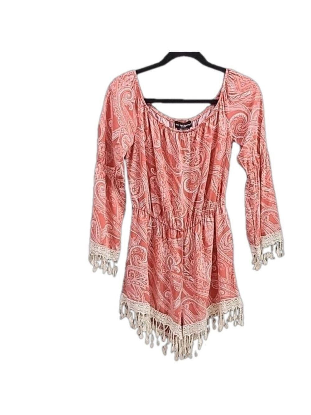 SEE YOU MONDAY ROMPER JUMPSUIT TANGERINE AND WHITE WITH FRINGE SIZE MEDIUM